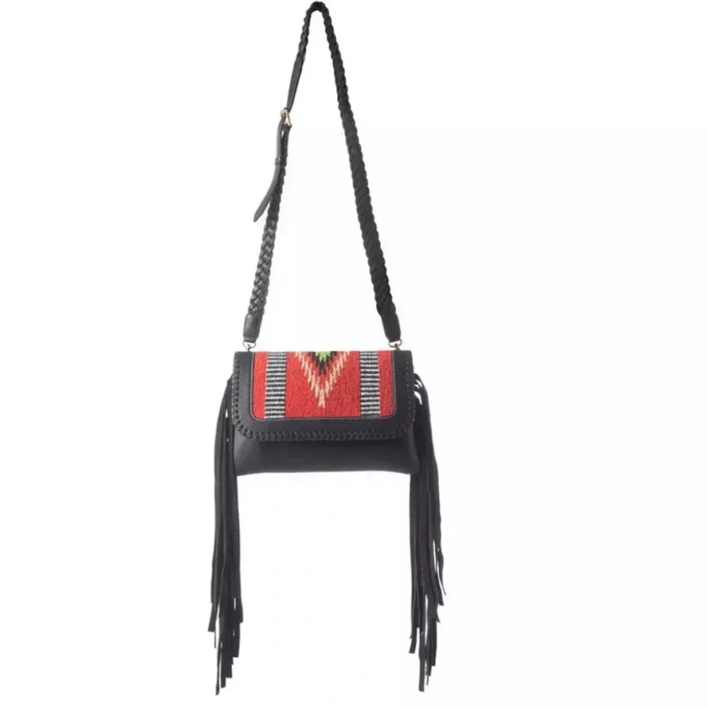 New Myra Bag Black Genuine Leather Crossbody with Aztec Rug & Fringe - Picture 1 of 12
